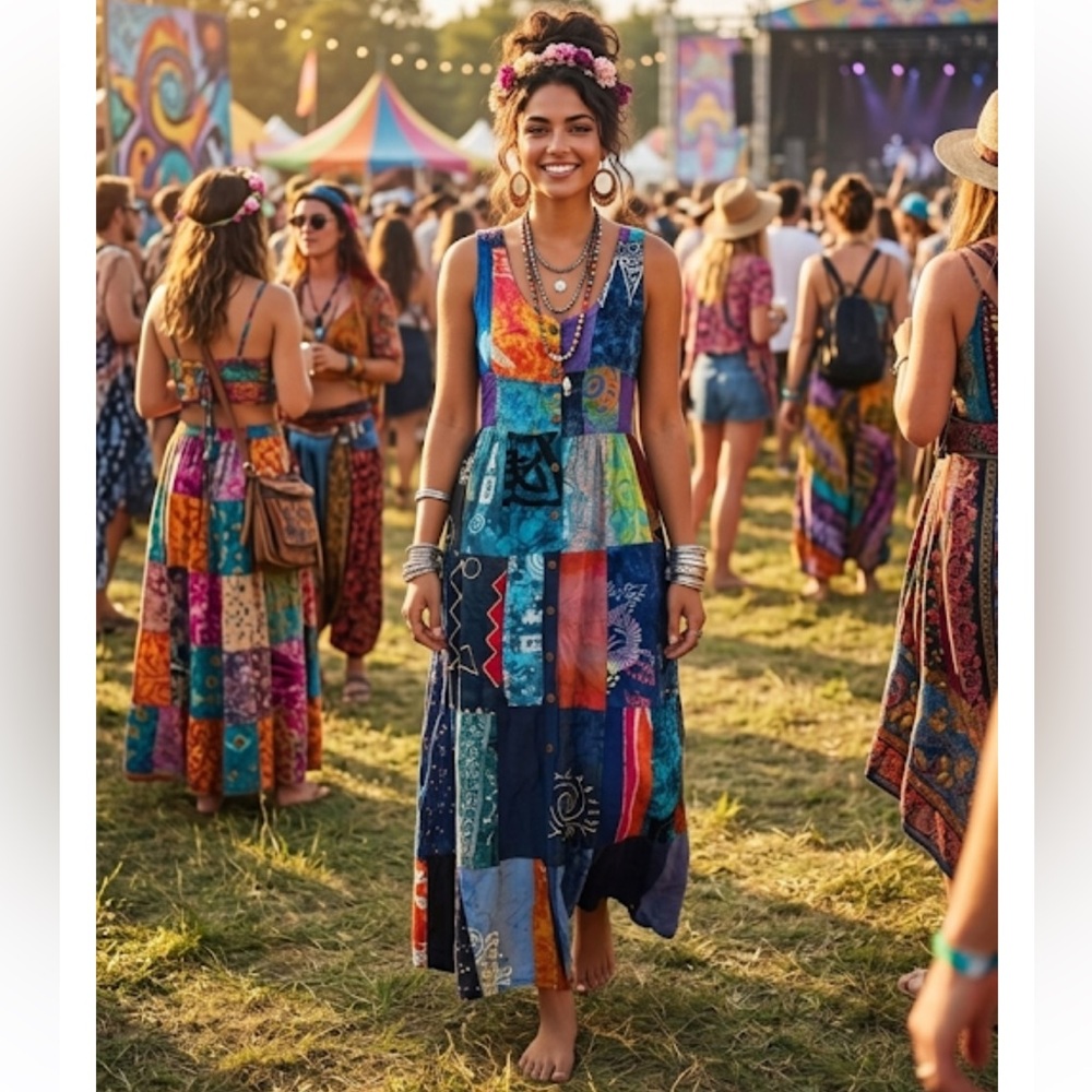 Eagle Ray Traders Patchwork Sleeveless Maxi Dress - Multicolor XS Festival Boho - Picture 2 of 7